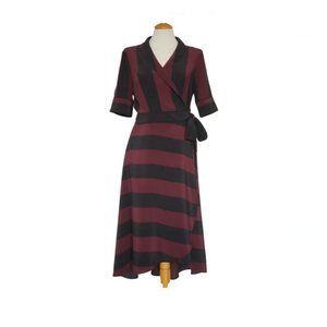 Ganni Silk Wrap Dress - Red Burgundy Black Stripe